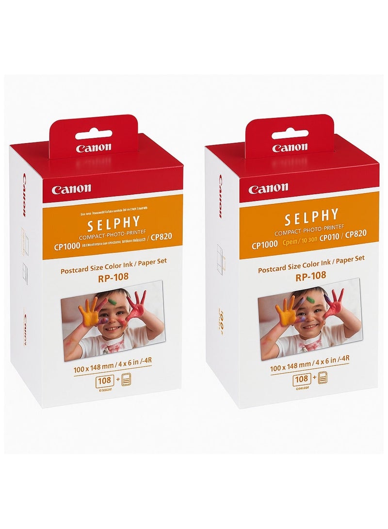 كانون طقم ورق وحبر كانون سيلفي RP-108 للطباعة الفوتوغرافية – عبوتان بإجمالي 216 ورقة – كل عبوة تحتوي على 108 ورقات مقاس 4×6 إنش مع حبر ملون – متوافق مع طابعات CP1000 / CP910 / CP820 - Image 1